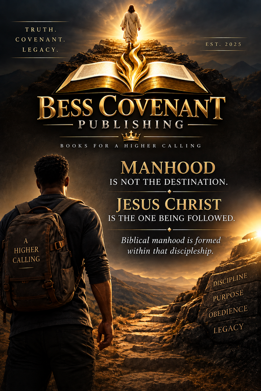 Bess Covenant Publishing Covenant Formation graphic showing a man following Jesus Christ, with the message: “Manhood is not the destination. Jesus Christ is the One being followed.”